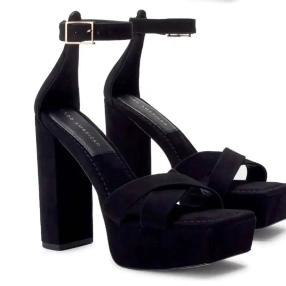 GOOD AMERICAN Platform Ankle Suede Heels Black Gold Buckle Square Toe 9.5 or 13